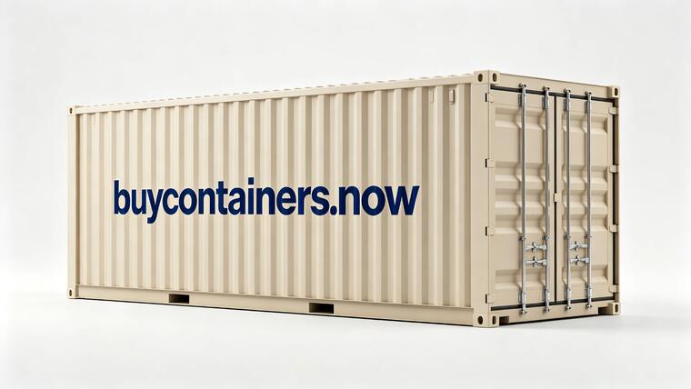 Neuer 20FT Standardcontainer, sandbeige, mit buycontainers.now-Kennzeichnung